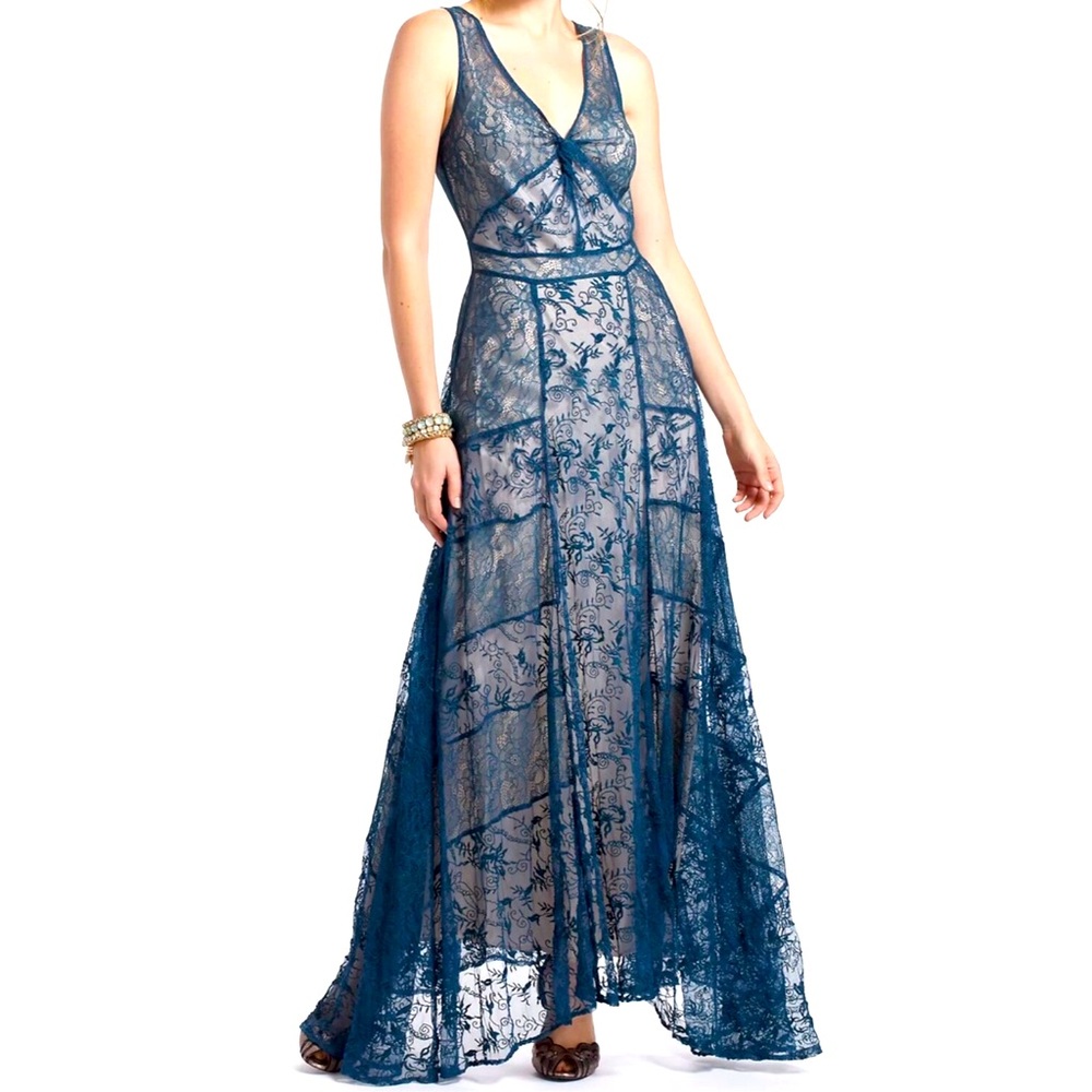 Anthropologie Lil Maxi Blue Lace Sleeveless V-Neck Gown Dress Removable Slip